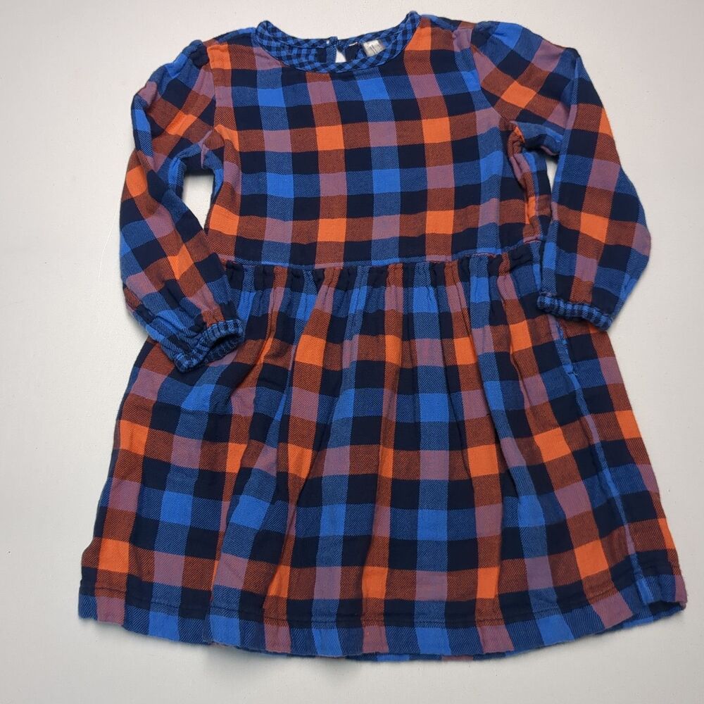 Primary Orange Blue Black Checkered Long Sleeve Cotton Dress - Girls Size 4/5